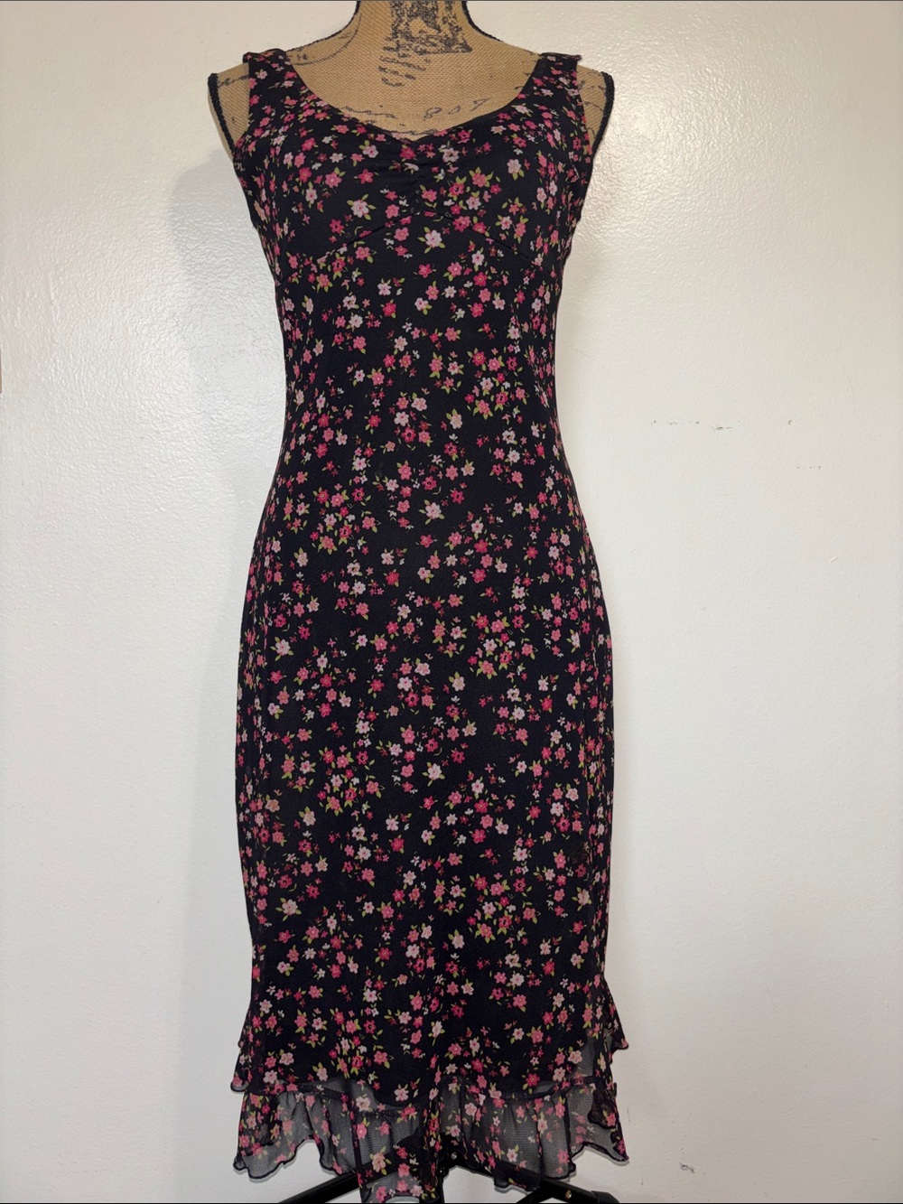California Concepts Sz S Floral Midi Slip Dress in Black with Pink Accents